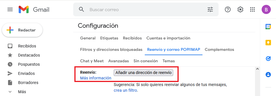 Botón añadir una dirección de reenvío en Gmail