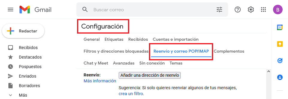 Configurar un reenvío en Gmail