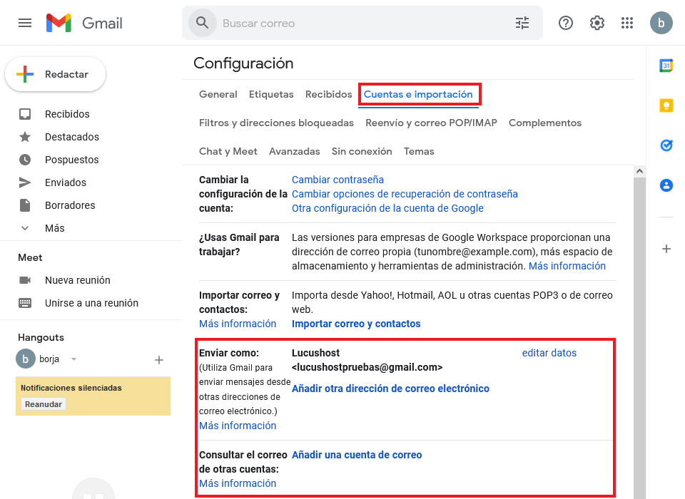 Sección Cuentas e importación de Gmail