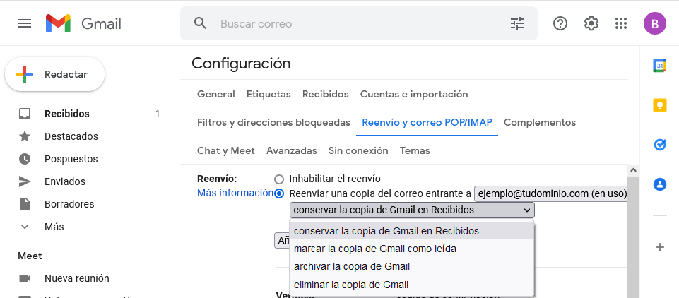 gmail opciones reenvio