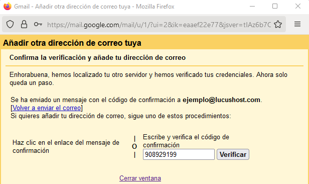 Mensaje de confirmación de la cuenta de correo añadida en Gmail