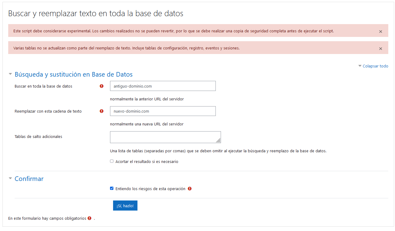 Herramienta para buscar y reemplazar en la base de datos de Moodle 