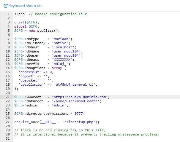 Cambiar el dominio en el config.php de Moodle