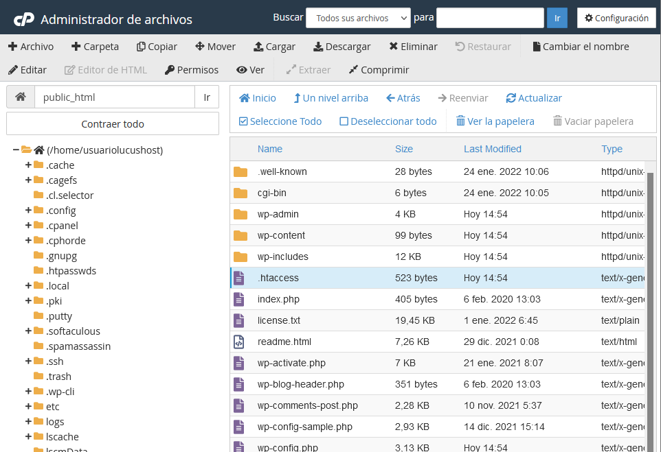 Localizar .htaccess de WordPress en cPanel