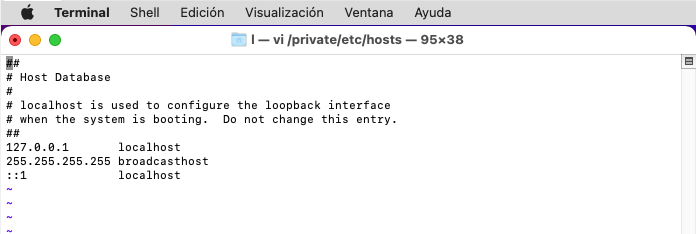 Apariencia del fichero hosts de Mac