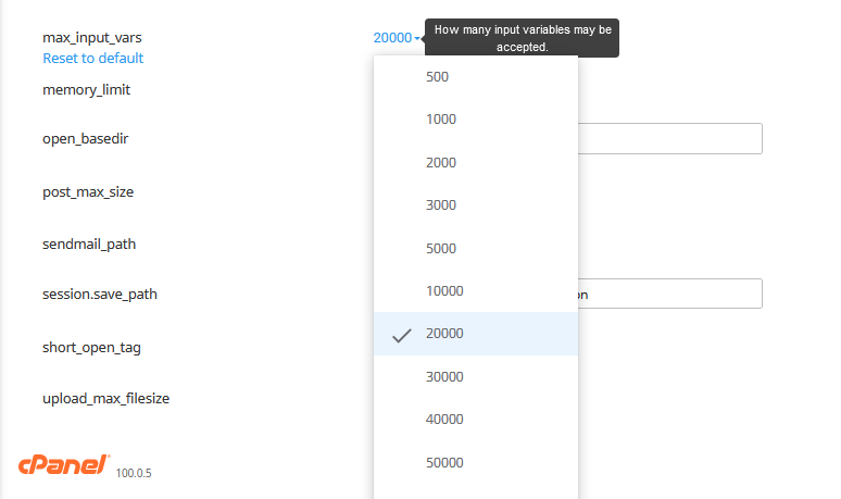 Modificar la variable max_input_vars en cPanel