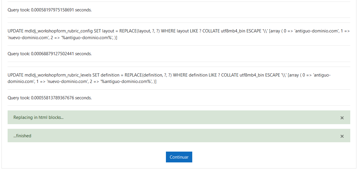 Reemplazo finalizado en la base de datos de Moodle