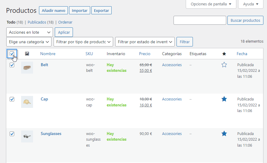 Seleccionar todos los productos en WooCommerce