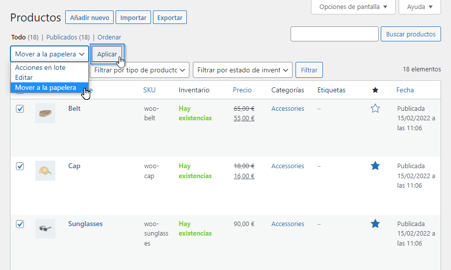 Mover todos los productos de WooCommerce a la papelera