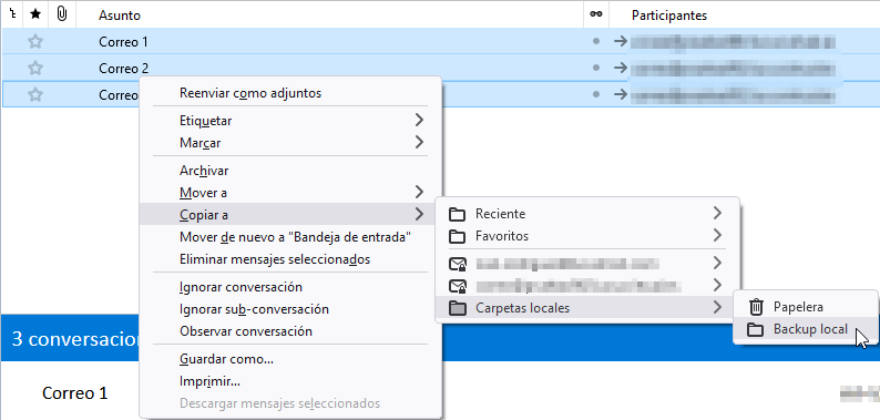 Copiar los correos en una nueva carpeta de Thunderbird