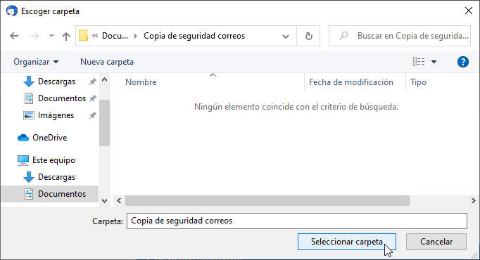 Seleccionar la carpeta en la que guardar los correos de Thunderbird