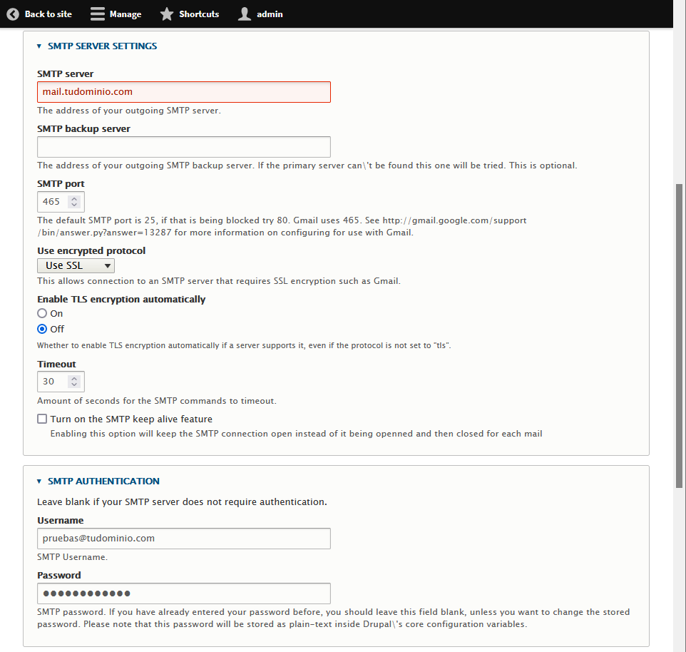 Establecer los datos de configuración del servidor SMTP