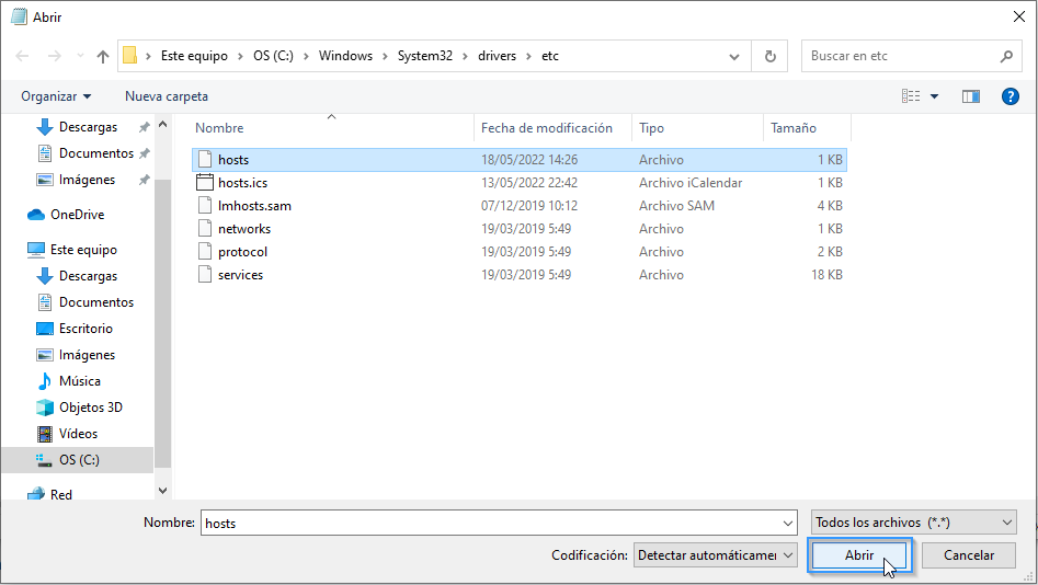 Abrir el fichero hosts en Windows