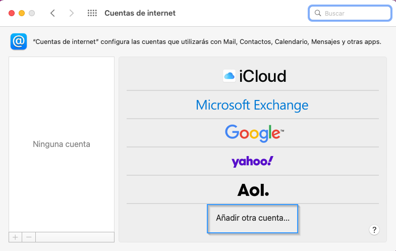 Opción de añadir una cuenta en Mail Mac