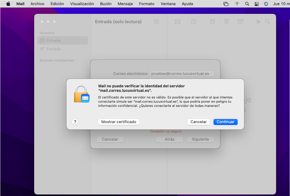 configurar mail mac certificado no valido