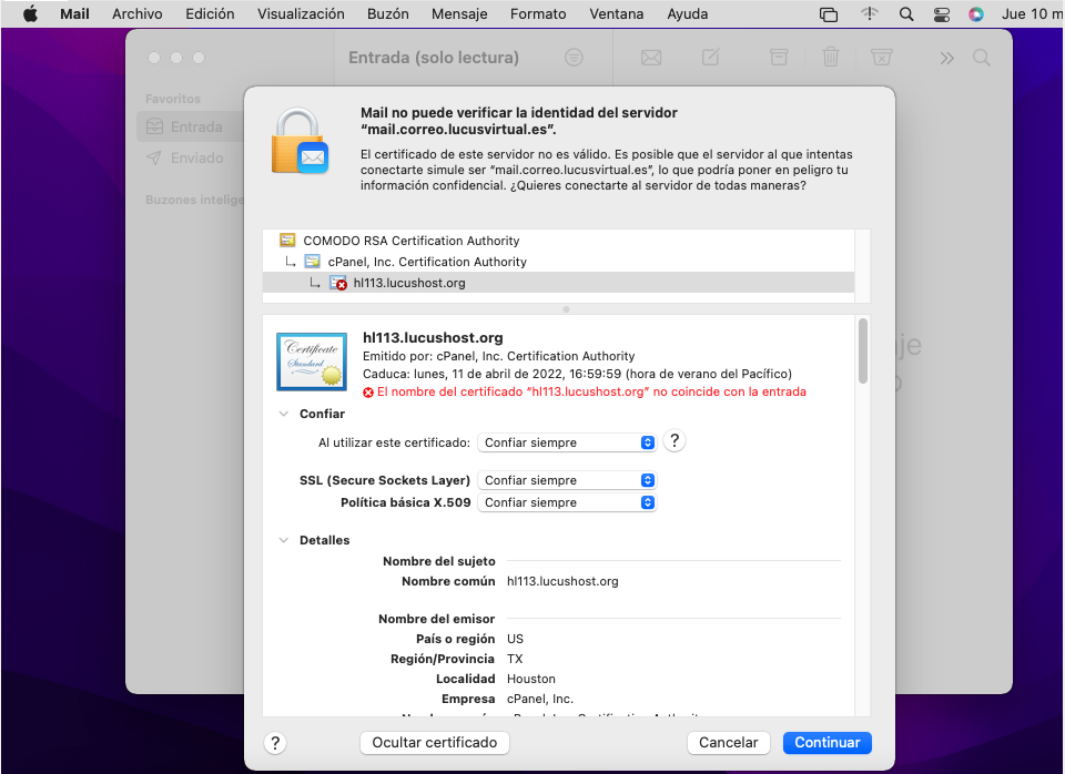 Aceptar la excepción de seguridad para configurar Mail de Mac