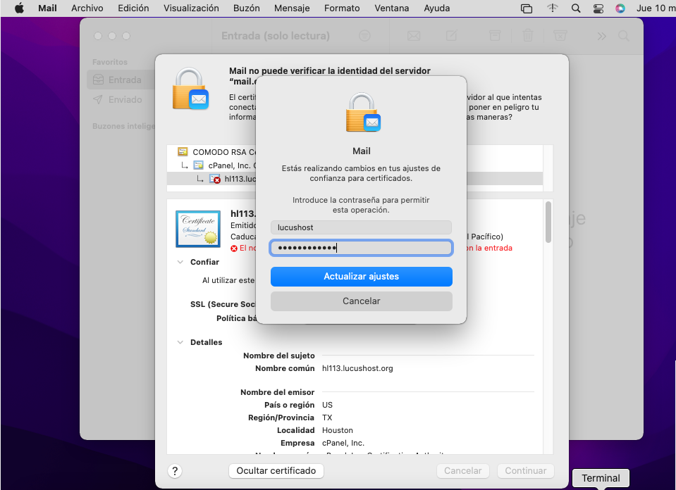 Error de certificado al configurar Mail de Mac