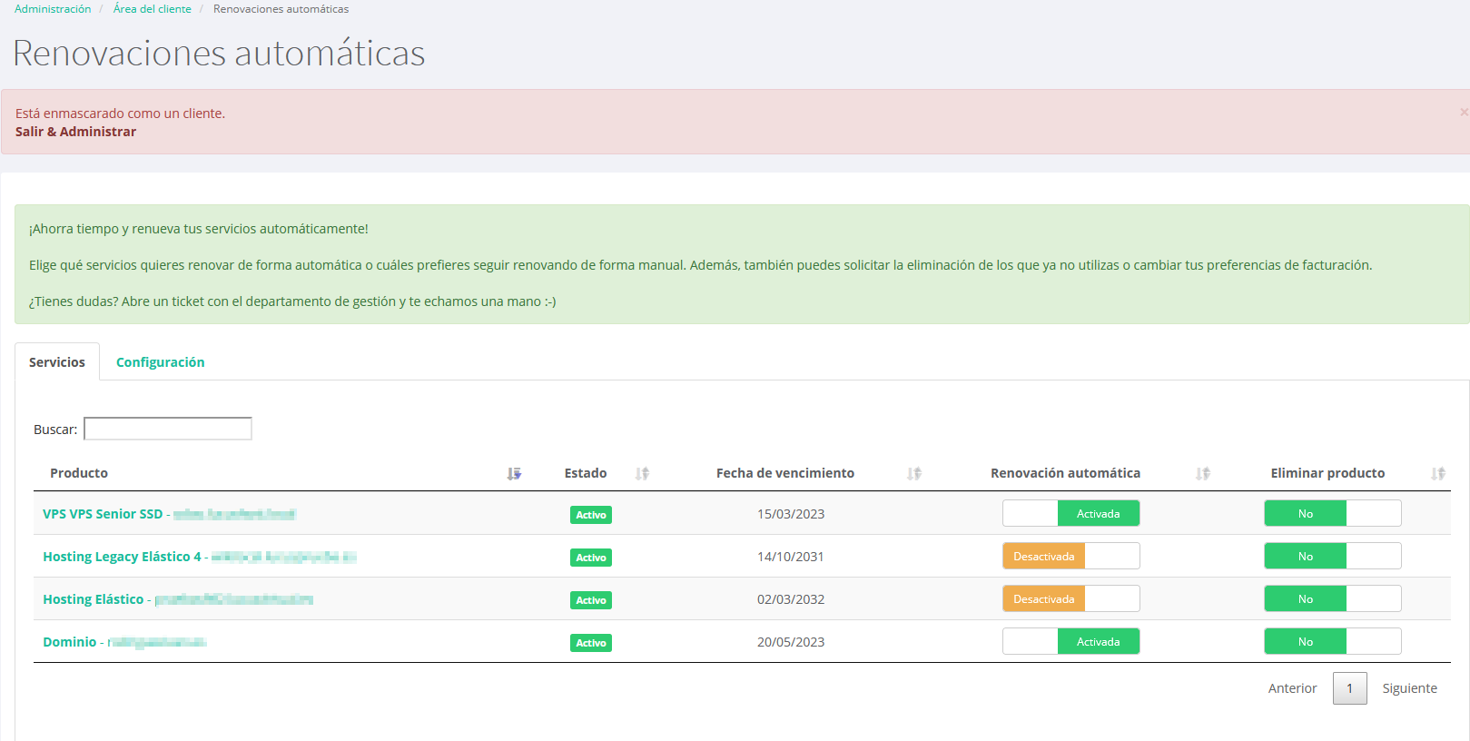 Listado de productos de LucuHost y el estado de renovación