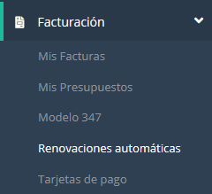 Sección de renovaciones automáticas en el área de cliente de LucusHost