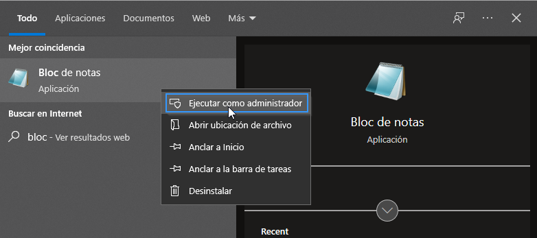 Abrir el bloc de notas para modificar el archivo hosts en Windows