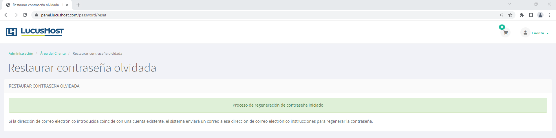 Proceso de regeneración de contraseña iniciado