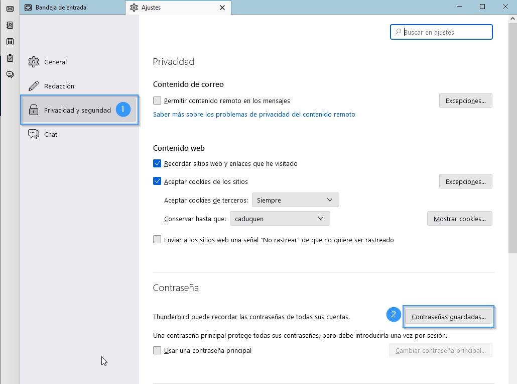 Opción de privacidad y seguridad en Thunderbird