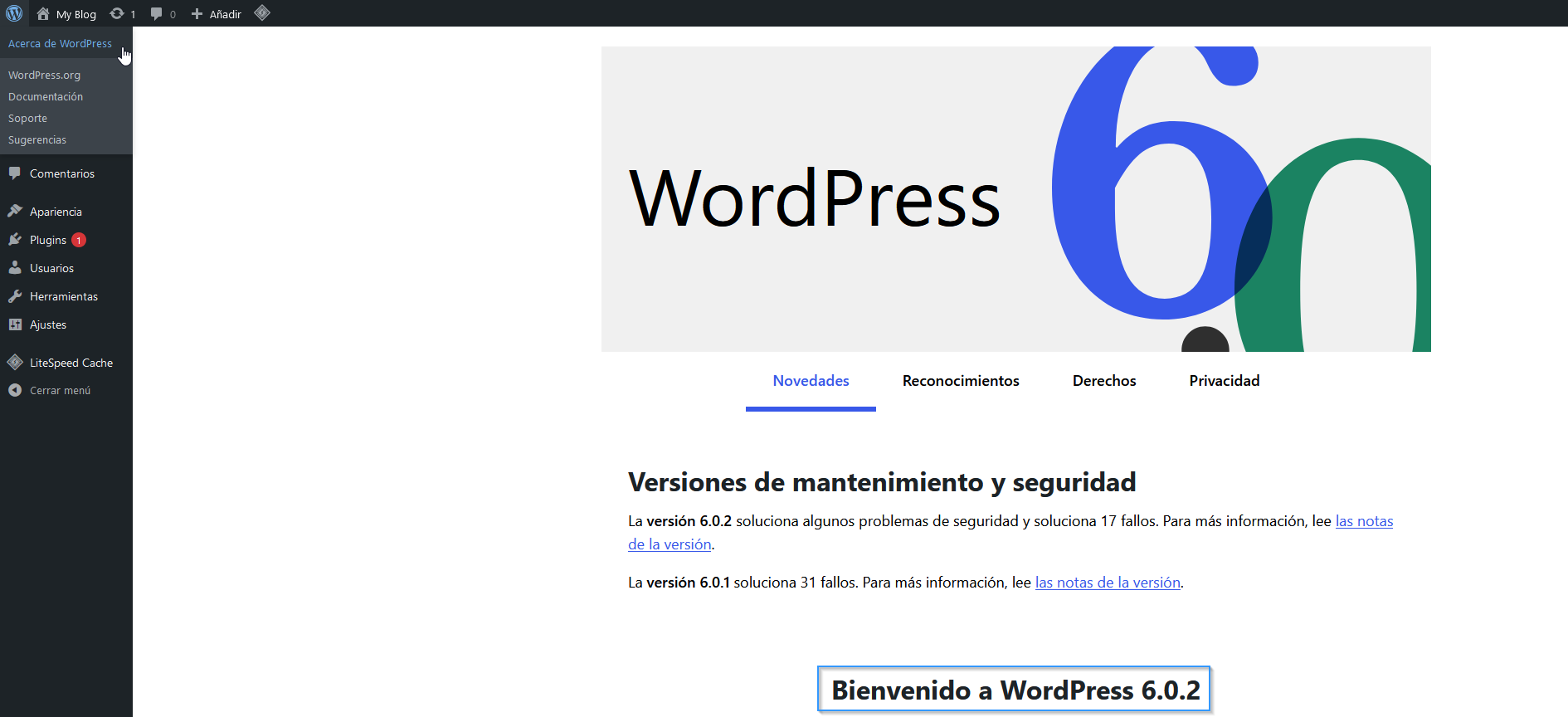 Comprobar la versión de WordPress desde la sección "Acerca de". 