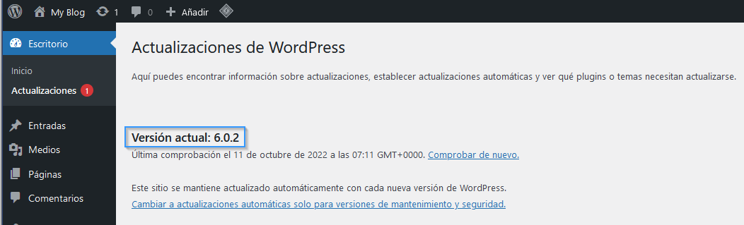 Comprobar la versión de WordPress desde la sección "Actualizaciones".