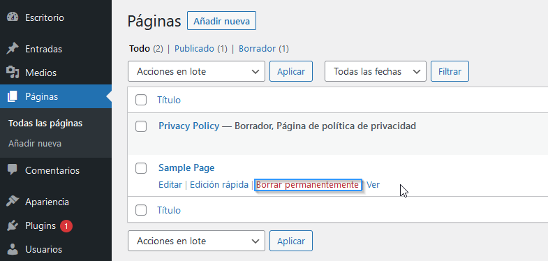 Ejemplo de un WordPress sin papelera