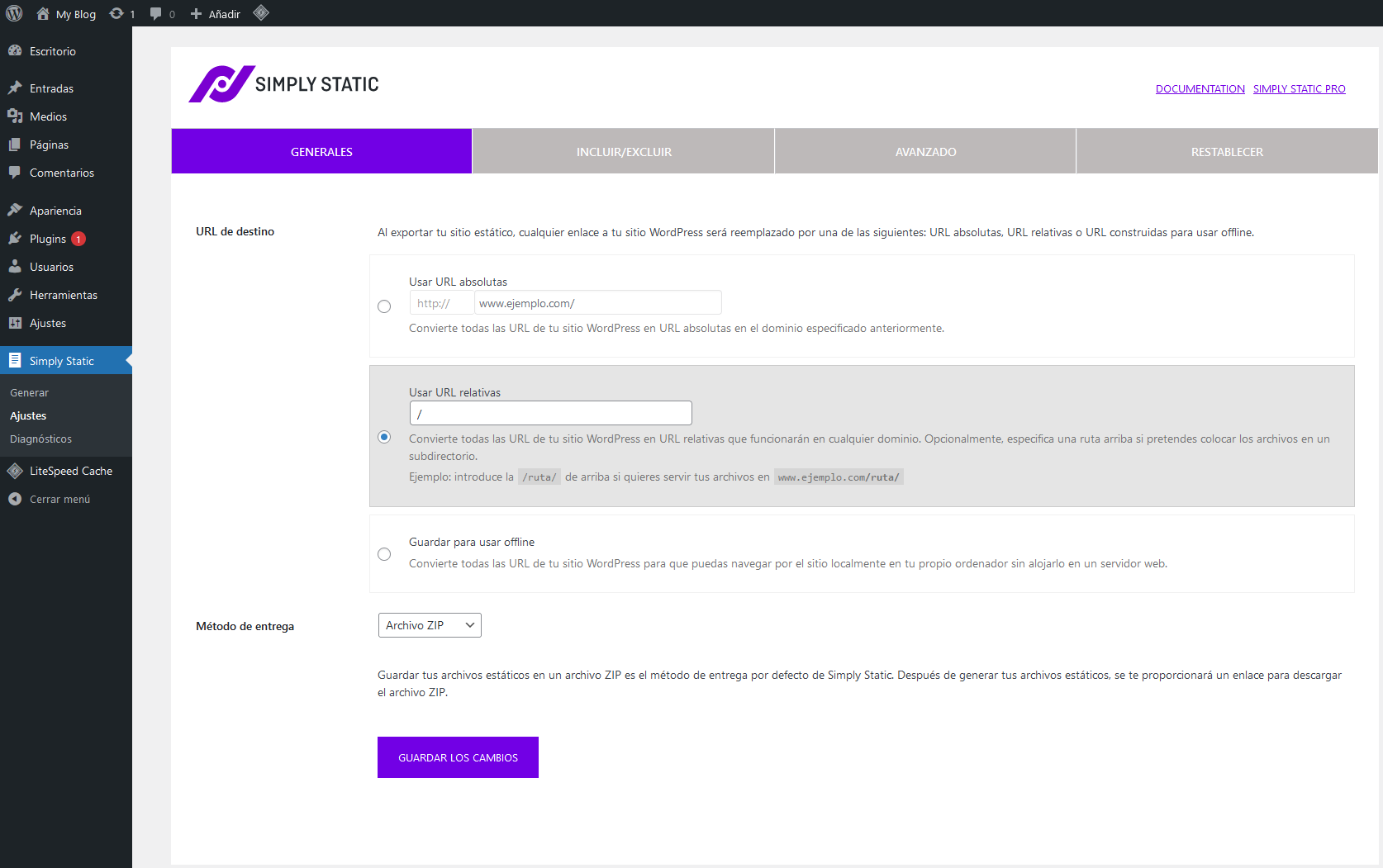 Configuración del plugin Simply Static de WordPress