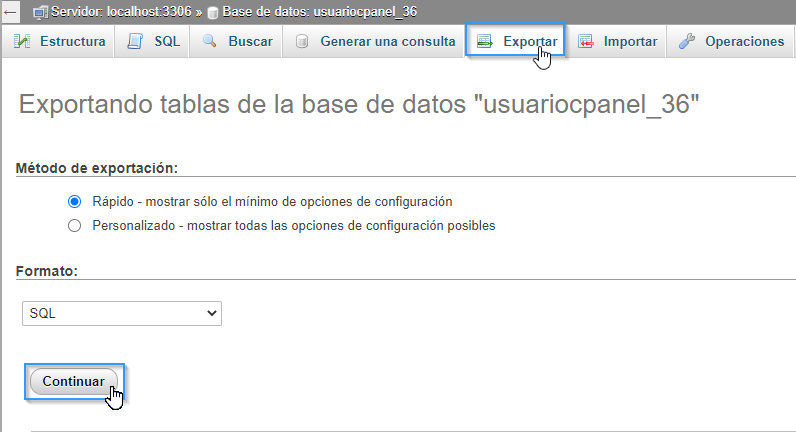 Exportar copia de seguridad de la base de datos de Moodle