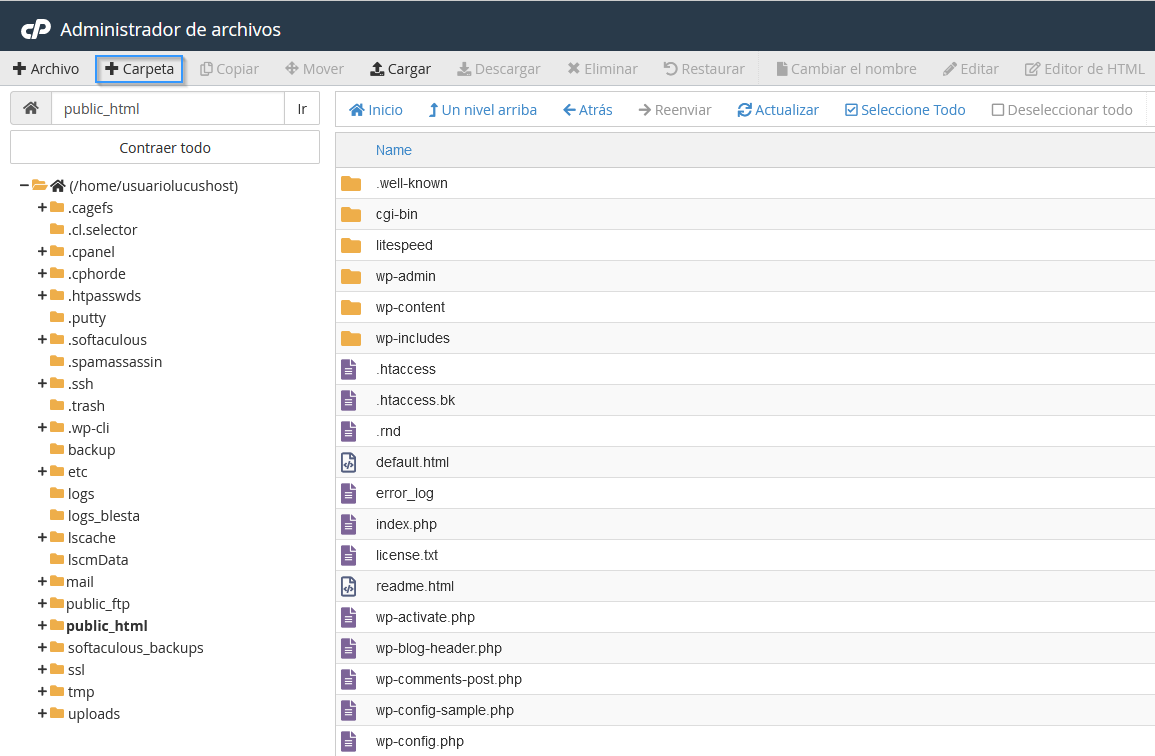 Crear una carpeta con el Administrador de archivos de cPanel