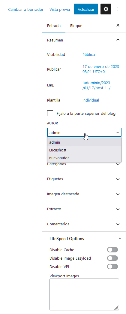 Editar el autor de WordPress y seleccionar uno nuevo