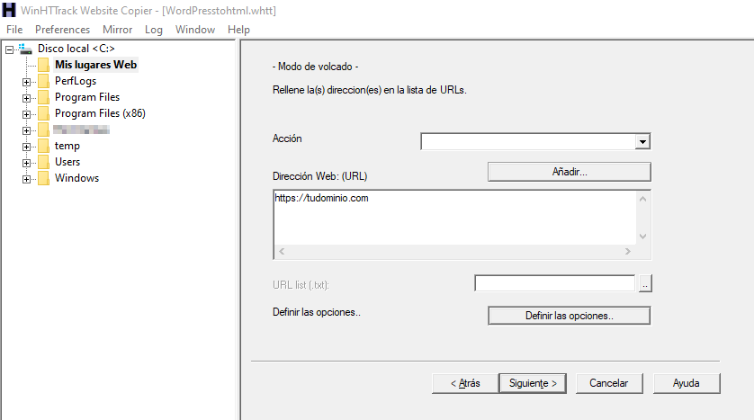 Establecer la URL de tu sitio web en HTTrack