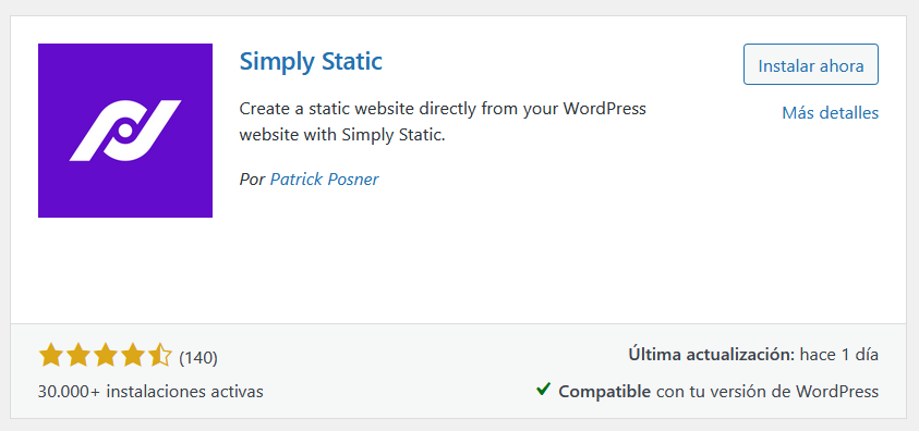 Instar el plugin Simply Static en WordPress