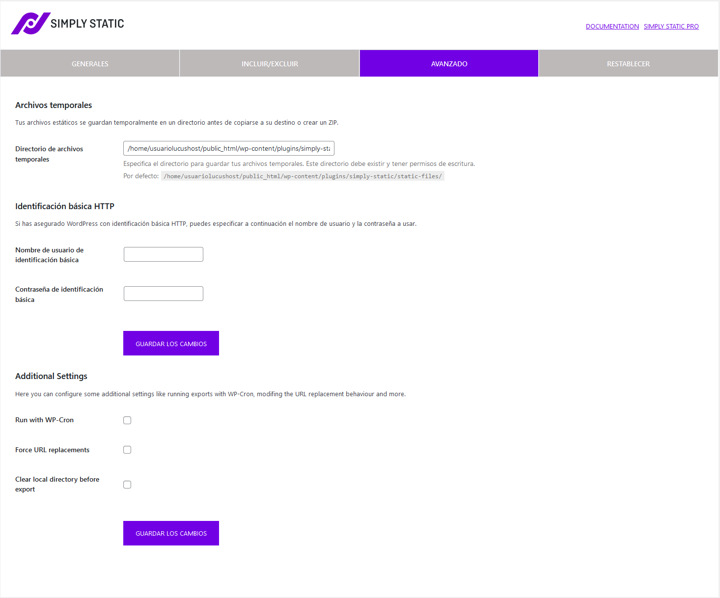 Opciones avanzadas del plugin Simply Static de WordPress