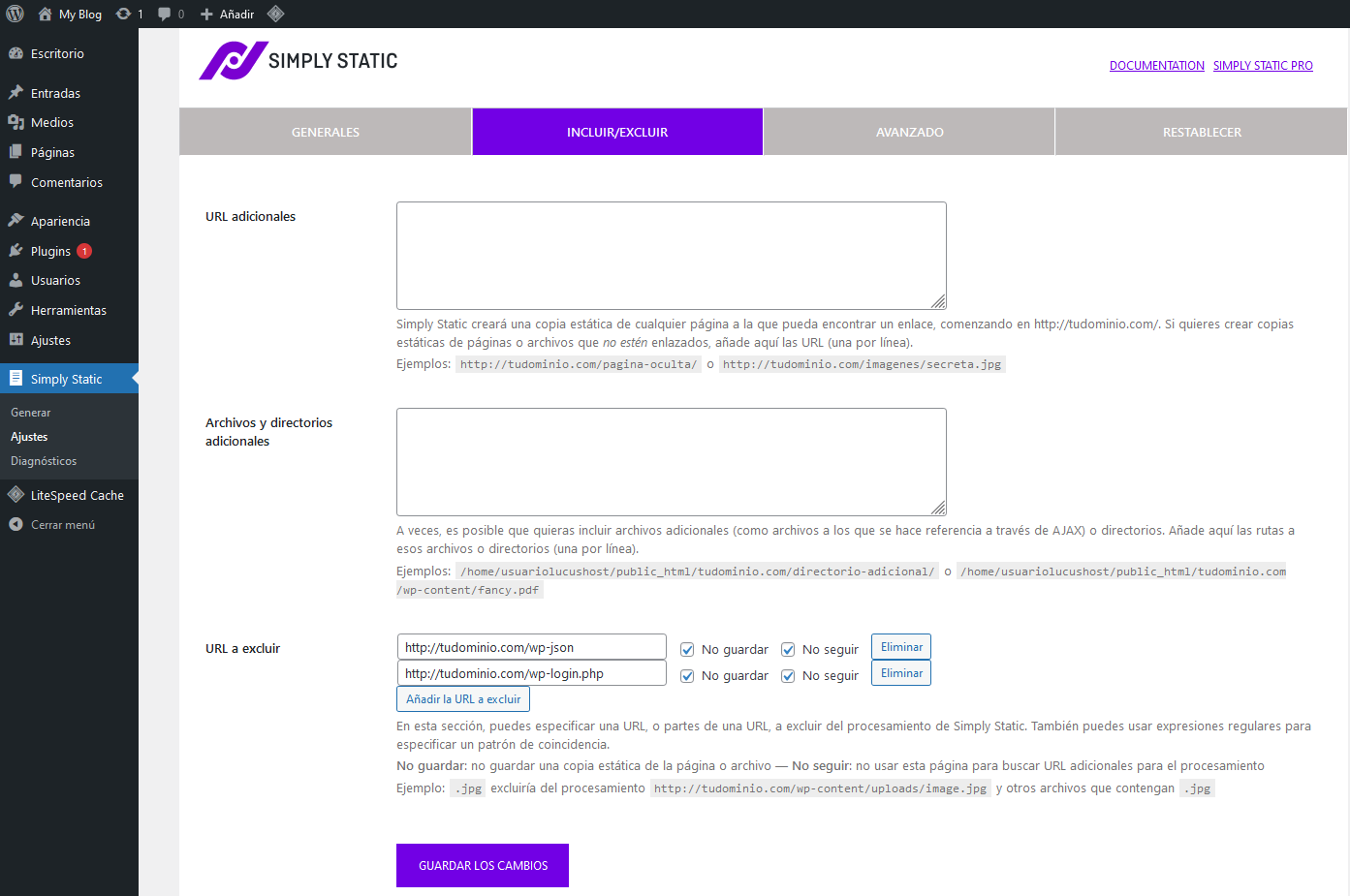 Opciones de incluir o excluir del plugin Simply Static de WordPress