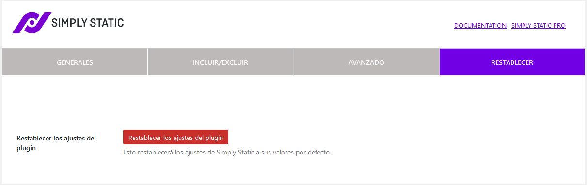 Restablecer la configuración del plugin Simply Static de WordPress