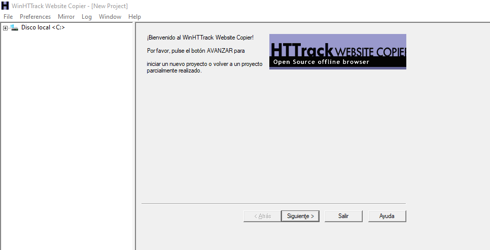 Pantalla de inicio de HTTrack