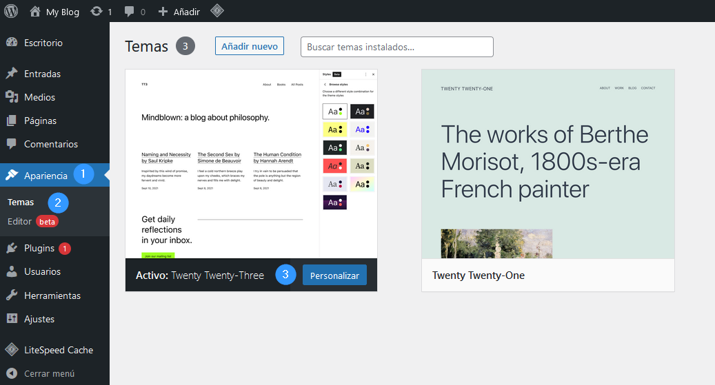 Acceder a la sección "Personalizar un tema" de WordPress