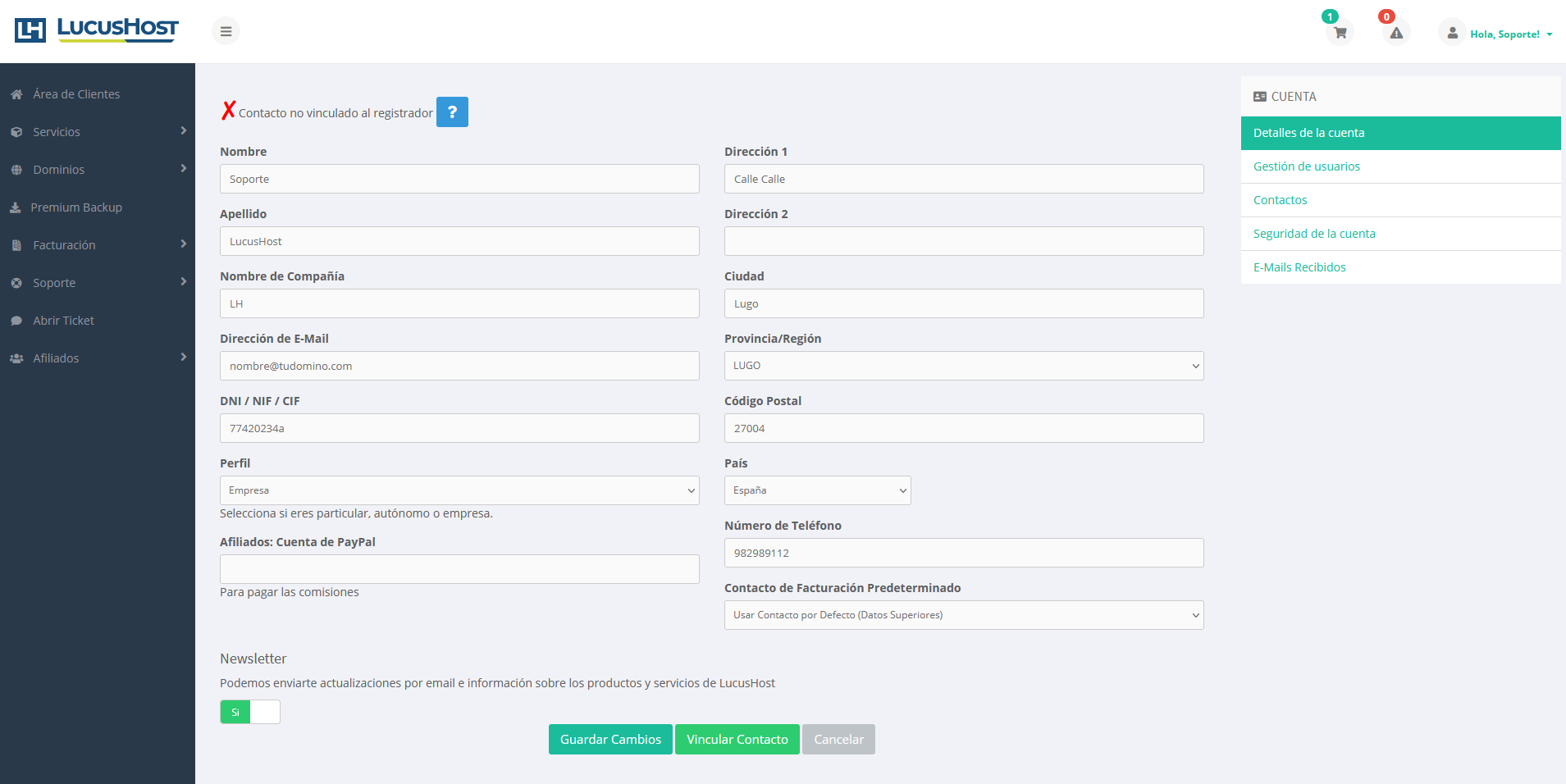 Cambiar los datos de facturación en LucusHost