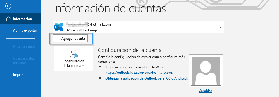 Opción Agregar cuenta en Outlook