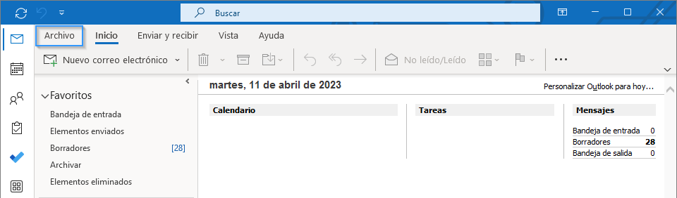 Opción Archivo en Outlook