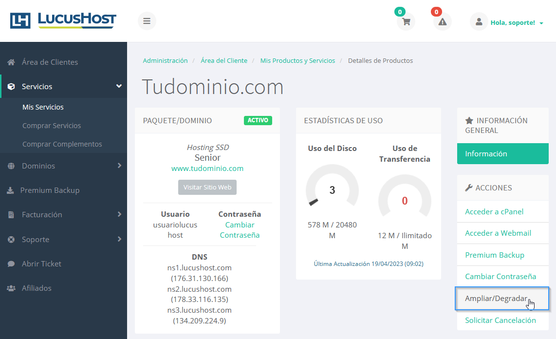 Ampliar o degradar un plan de alojamiento desde el área de clientes de LucusHost