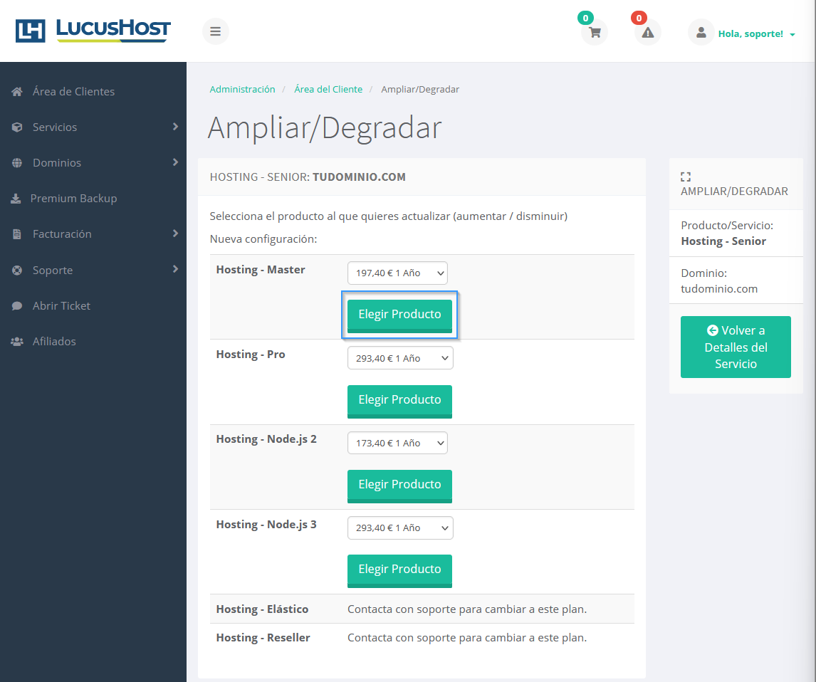 Elegir un nuevo plan en el área de clientes de LucusHost