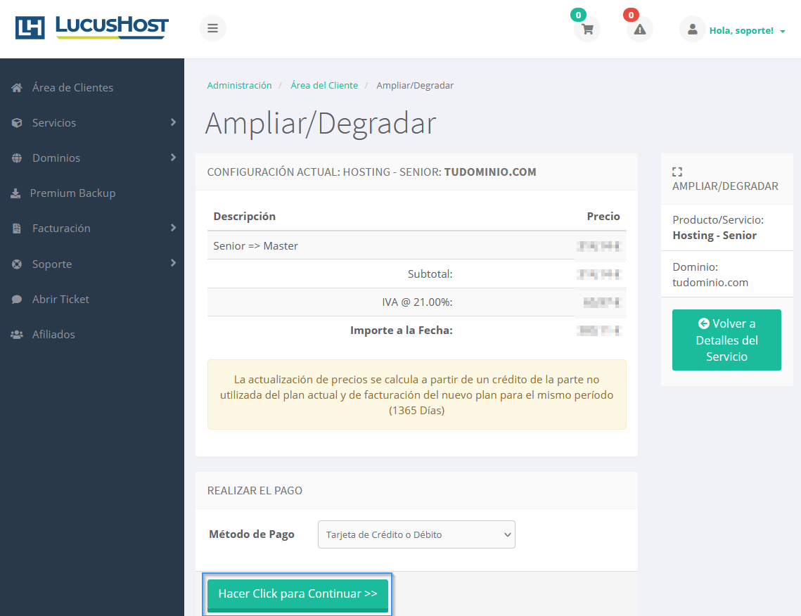 Finalizar el escalado de plan en el área de clientes de LucusHost