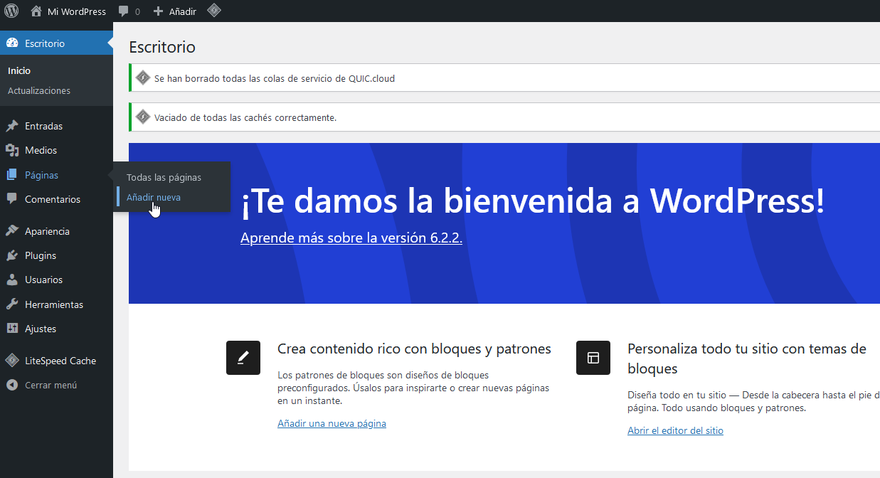 Crear una nueva página en WordPress