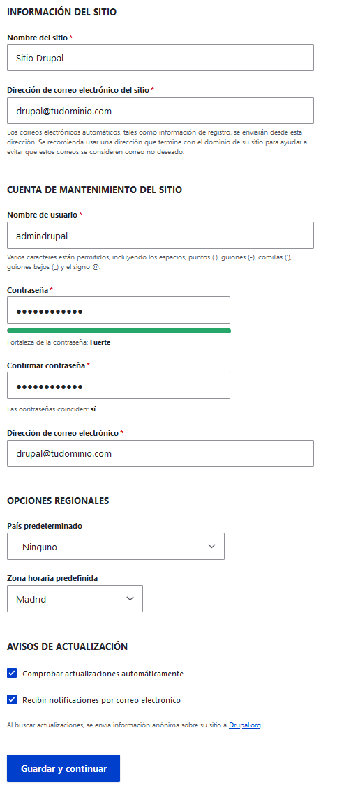 Formulario de instalación para Drupal Multisitio