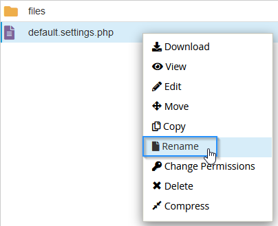 Renombrar el archivo default.settings.php de Drupal