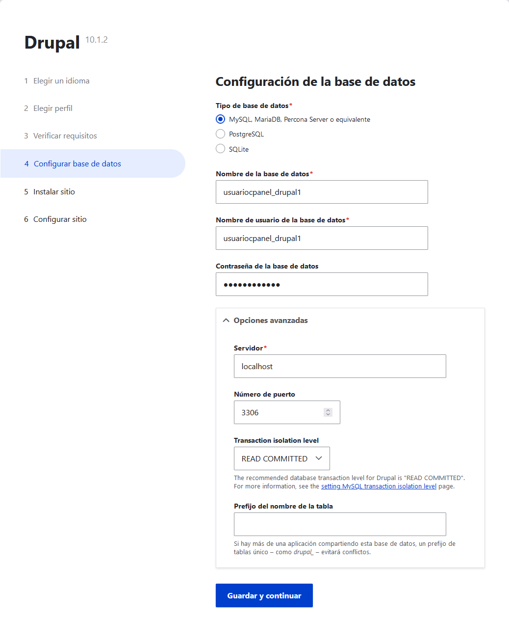 Seleccionar la configuración de la base de datos en Drupal Multisitio